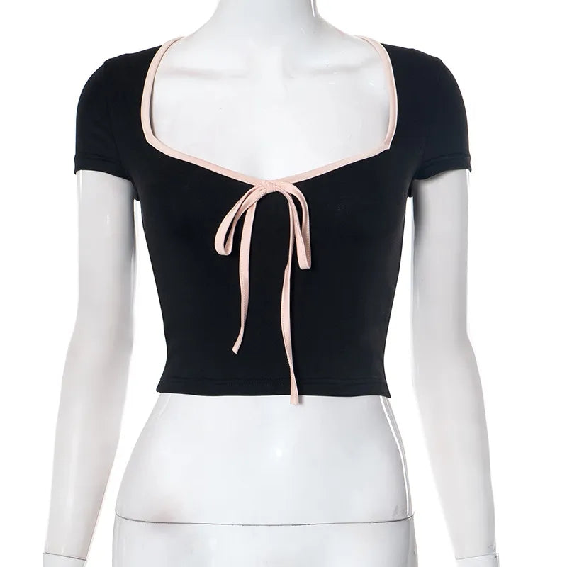 Black Crop Top With Pink Bow