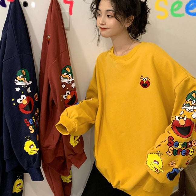 Funny Elmo Cartoon Print Loose Oversized Long Sleeve Sweatshirt Sweater Pullover Jumper Causal E-Girl Kawaii Korean Japanese Harajuku Streetwear