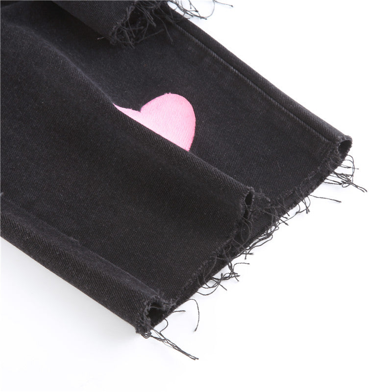 Cute Vintage Pink Heart Print Black Denim Jeans Straight High Waist Long Trouser Pants Autumn Casual E-Girl Kawaii Korean Japanese Harajuku Streetwear