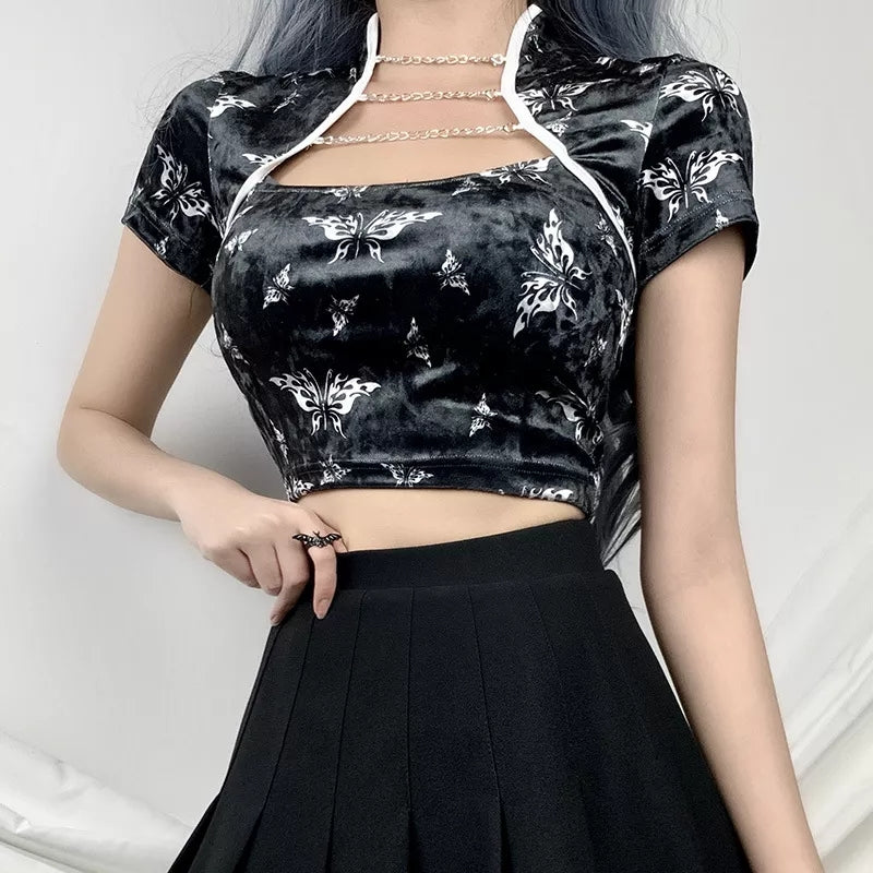 Cute Chinese Style Butterfly Crop Top Short Sleeve Shirt Blouse Summer Aesthetic Casual E-Girl Kawaii Korean Japanese Harajuku