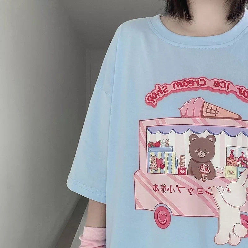 Sweet Bear Ice Cream Shop Print Loose Short Sleeve T-shirt