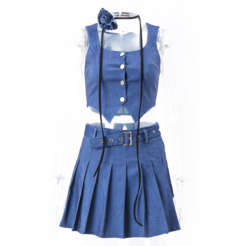 Blue Denim Button Vest + Pleated Mini Skirt