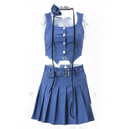 Blue Denim Button Vest + Pleated Mini Skirt