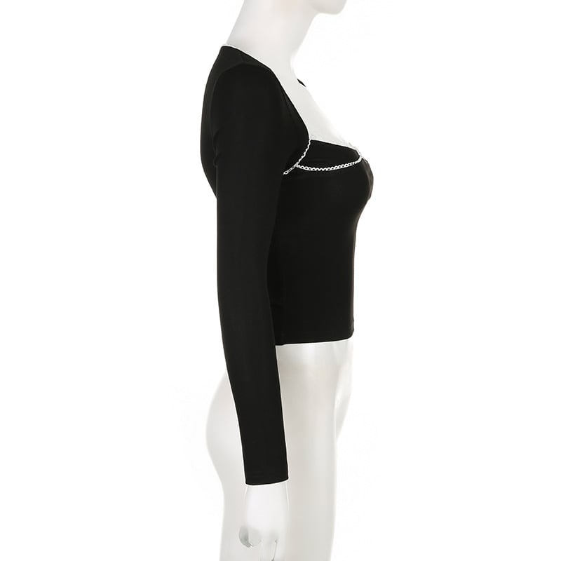 Black Bow Square Collar Long Sleeve Shirt