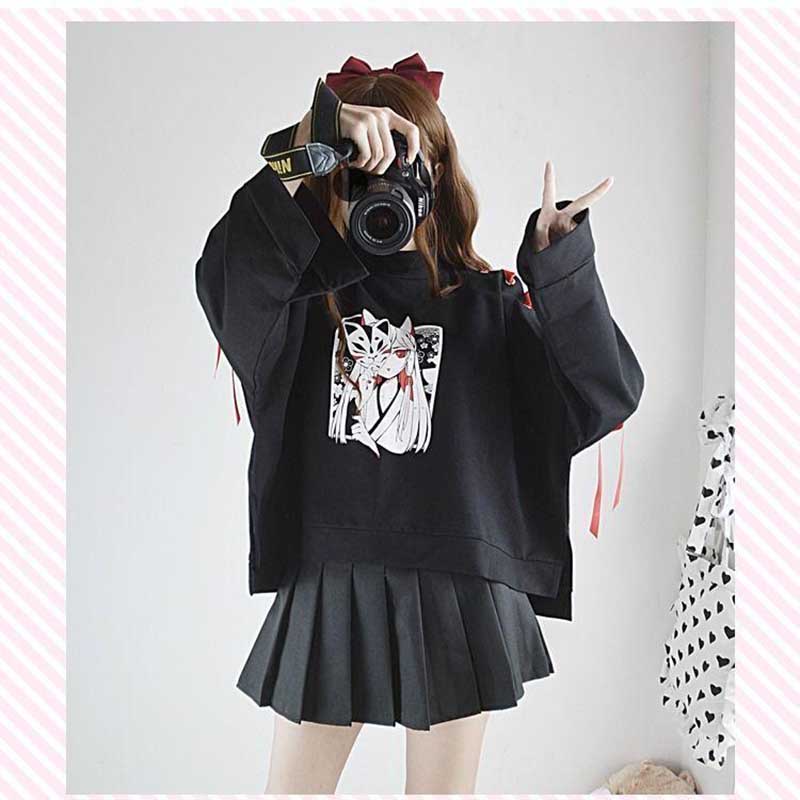 Cute Vintage Anime Fox Print Lace Up Long Sleeve Shirt Hoodie Sweatshirt Top Punk Goth E-Girl Kawaii Korean Japanese Harajuku Streetwear