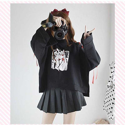 Cute Vintage Anime Fox Print Lace Up Long Sleeve Shirt Hoodie Sweatshirt Top Punk Goth E-Girl Kawaii Korean Japanese Harajuku Streetwear