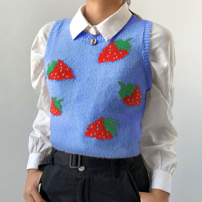 Cute Pink Strawberry V Neck Sleeveless Knit Crop Top Sweater Sweatshirt Pullover Jumper E-Girl Kawaii Korean Japanese Harajuku Streetwear