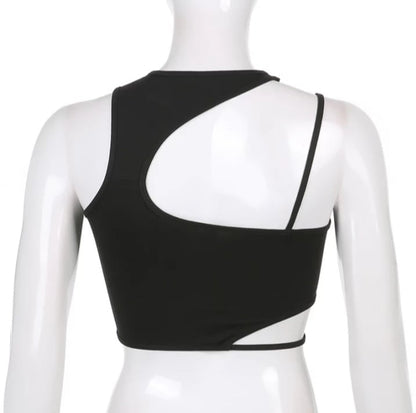 Cute Sexy Black Strappy Hollow Out Tank Crop Top Sleeveless Shirt Punk Goth Summer Aesthetic Casual E-Girl Kawaii Korean Japanese Harajuku