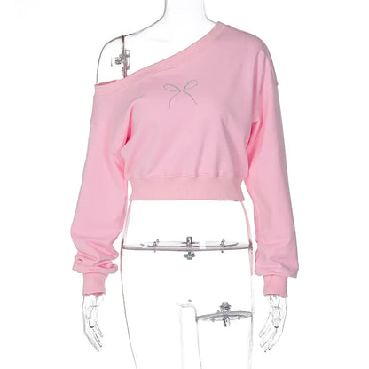 Bow Rhinestone Off Shoulder Sweater