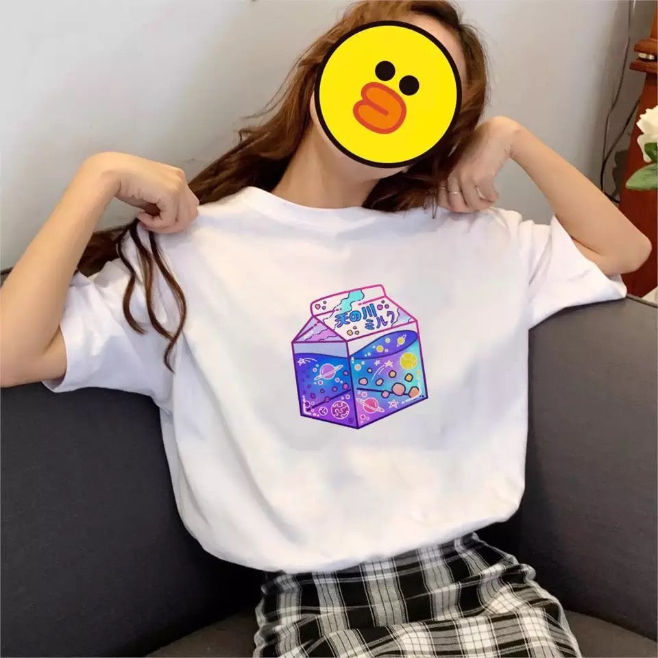 Cute Japanese Galaxy Milk Carton Print Graphic Casual Short Sleeve Shirt Tee T-shirt E-Girl Kawaii Korean Japanese Harajuku Retro Streetwear Aesthetic