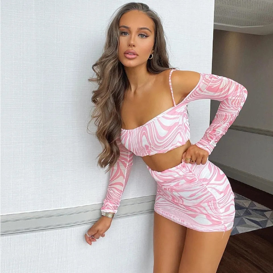 2PCS Pink Off Shoulder Sling Long Sleeve Crop Top + Skirt