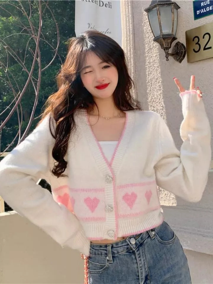 Heart Button Cropped Long Sleeve Cardigan