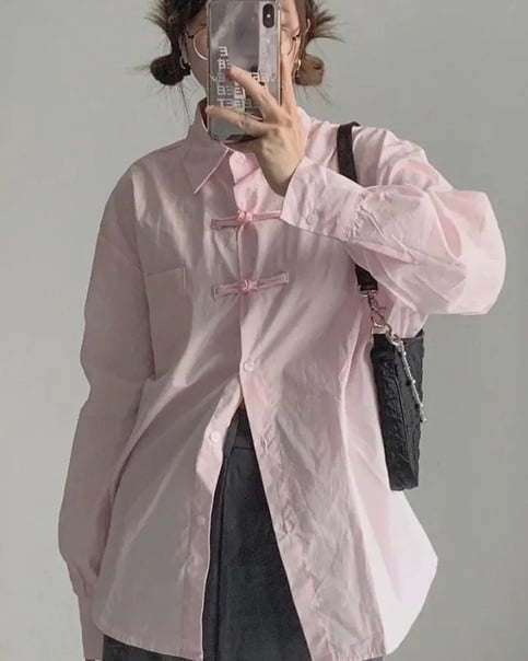 Pink Button Loose Long Sleeve Blouse