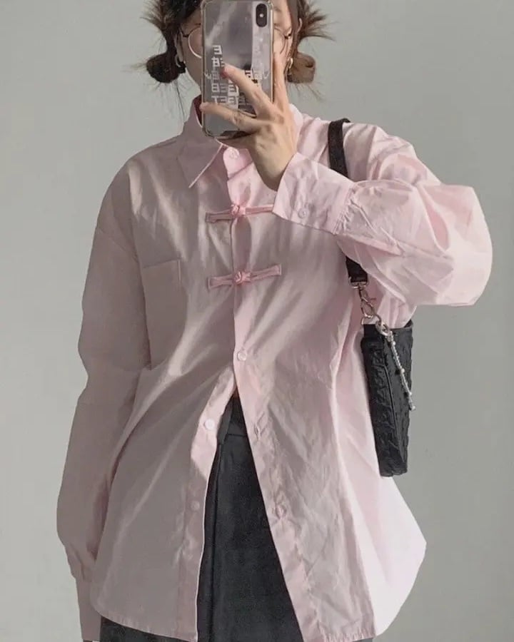 Pink Button Loose Long Sleeve Blouse