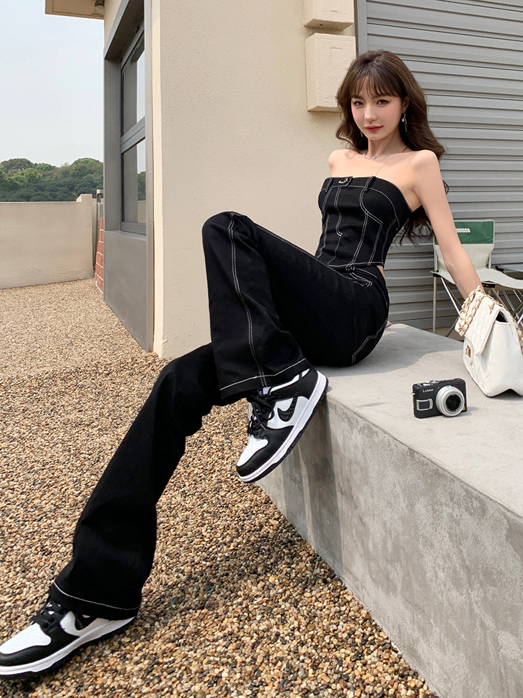 2PCS Black Denim Corset + Straight Flare Jeans