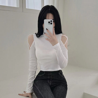 Turtleneck Hollow Out Long Sleeve Crop Top
