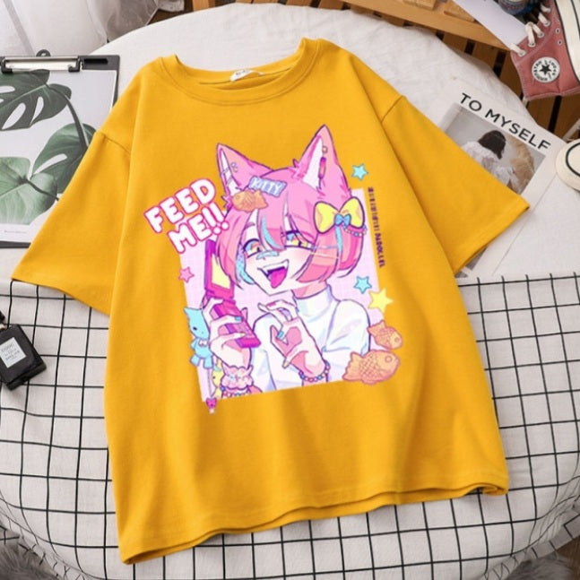 Cute Pastel Sweet Fox Anime Girl Cartoon Print Short Sleeve T-shirt Loose Punk Aesthetic Casual Summer E-Girl Kawaii Korean Japanese Harajuku