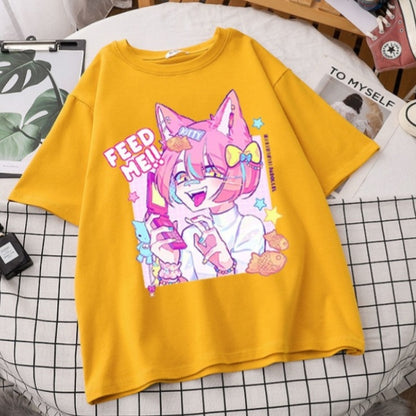 Cute Pastel Sweet Fox Anime Girl Cartoon Print Short Sleeve T-shirt Loose Punk Aesthetic Casual Summer E-Girl Kawaii Korean Japanese Harajuku