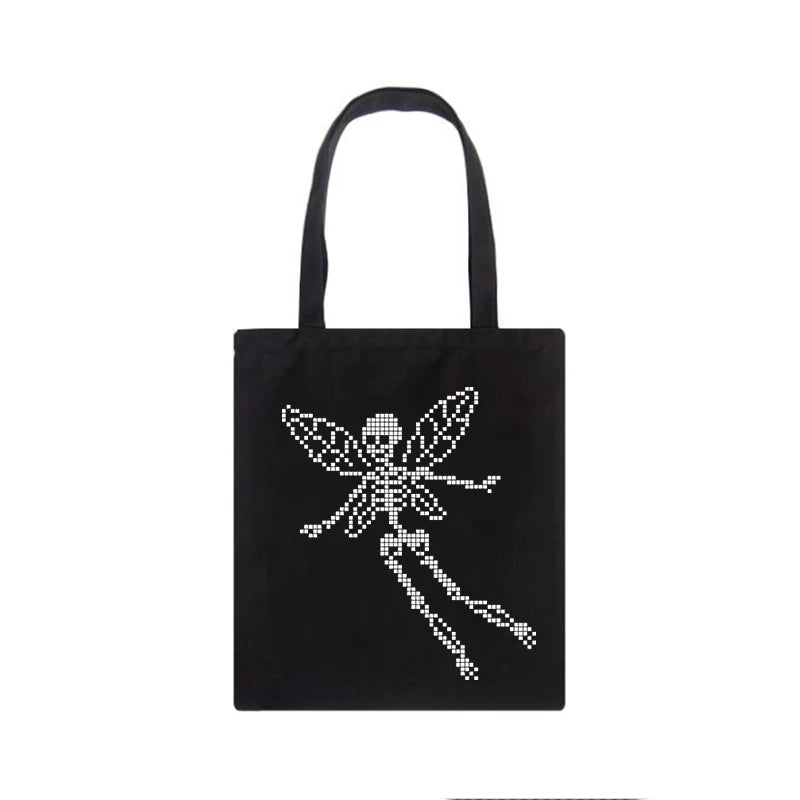 Cute Skeleton Skull Butterfly Wing Print Shoulder Bag Canvas Eco Tote Aesthetic Casual Summer E-Girl Kawaii Korean Japanese Harajuku
