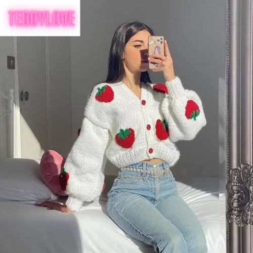 Cute White Strawberry Crochet Loose Cardigan Long Sleeve V Neck Sweater Aesthetic Casual Summer E-Girl Kawaii Korean Japanese Harajuku