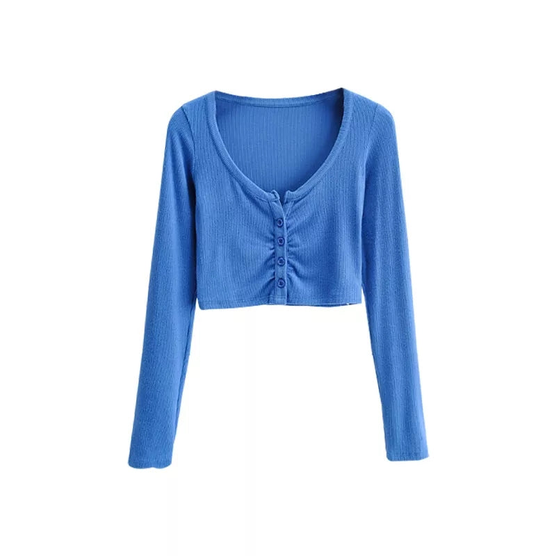 Cute Sexy V Neck Slim Button Long Sleeve Shirt Blouse Crop Top Summer Aesthetic Casual E-Girl Kawaii Korean Japanese Harajuku