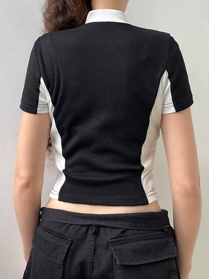 Retro Zipper Patchwork Crop Top