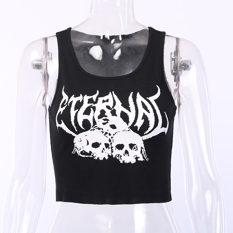 Black Skull Print Knit Ruffle Tank Top Cropped Sleeveless Shirt Causal Goth Punk Causal Summer E-Girl Kawaii Korean Japanese Harajuku Streetwear