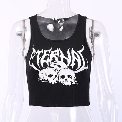 Black Skull Print Knit Ruffle Tank Top Cropped Sleeveless Shirt Causal Goth Punk Causal Summer E-Girl Kawaii Korean Japanese Harajuku Streetwear