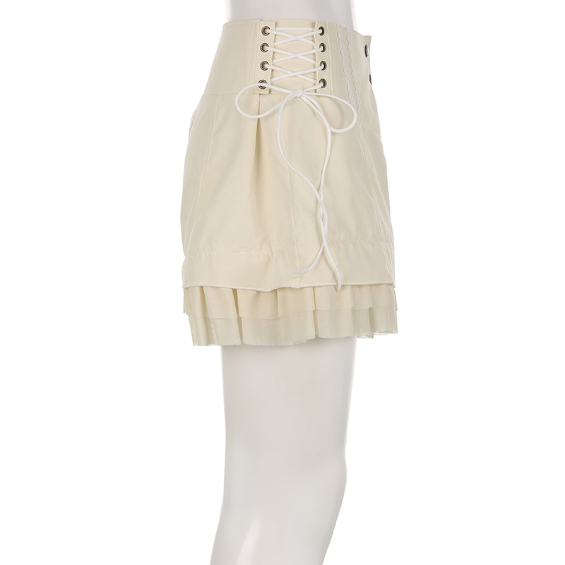 Beige Coquette Patchwork Tie Up High Waist Shorts