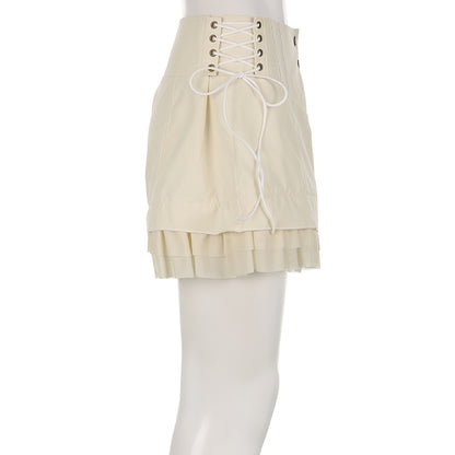 Beige Coquette Patchwork Tie Up High Waist Shorts