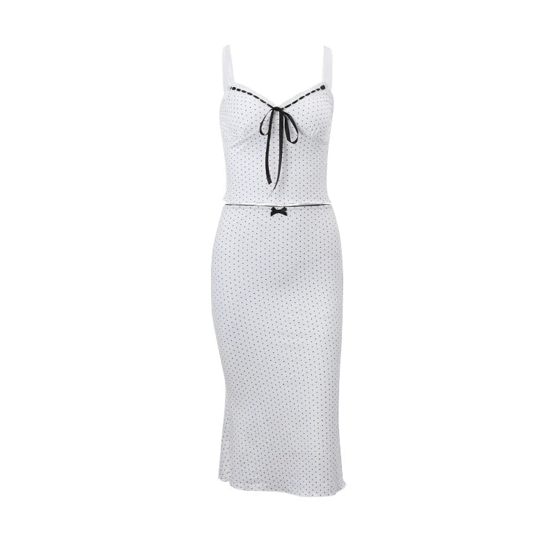 2PCS Polka Dot Bow Tie Tank Top + Long Skirt