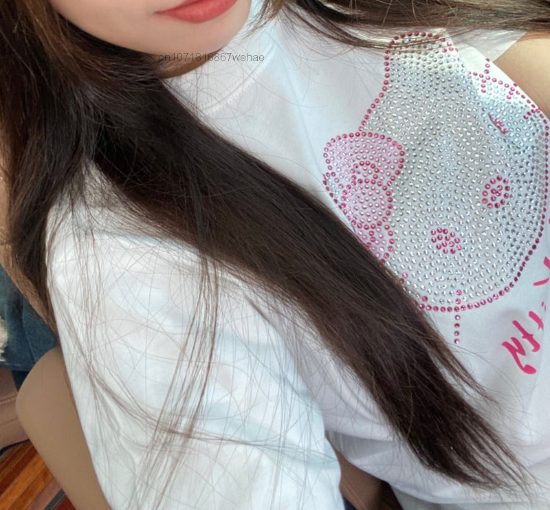 Kitty Cat Anime Rhinestone Short Sleeve T-shirt