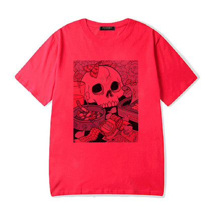Cute Black Skull Goth Punk Print Cartoon Loose Short Sleeve Short T-shirt Tee Top Summer Casual E-Girl Kawaii Korean Japanese Harajuku Streetwear
