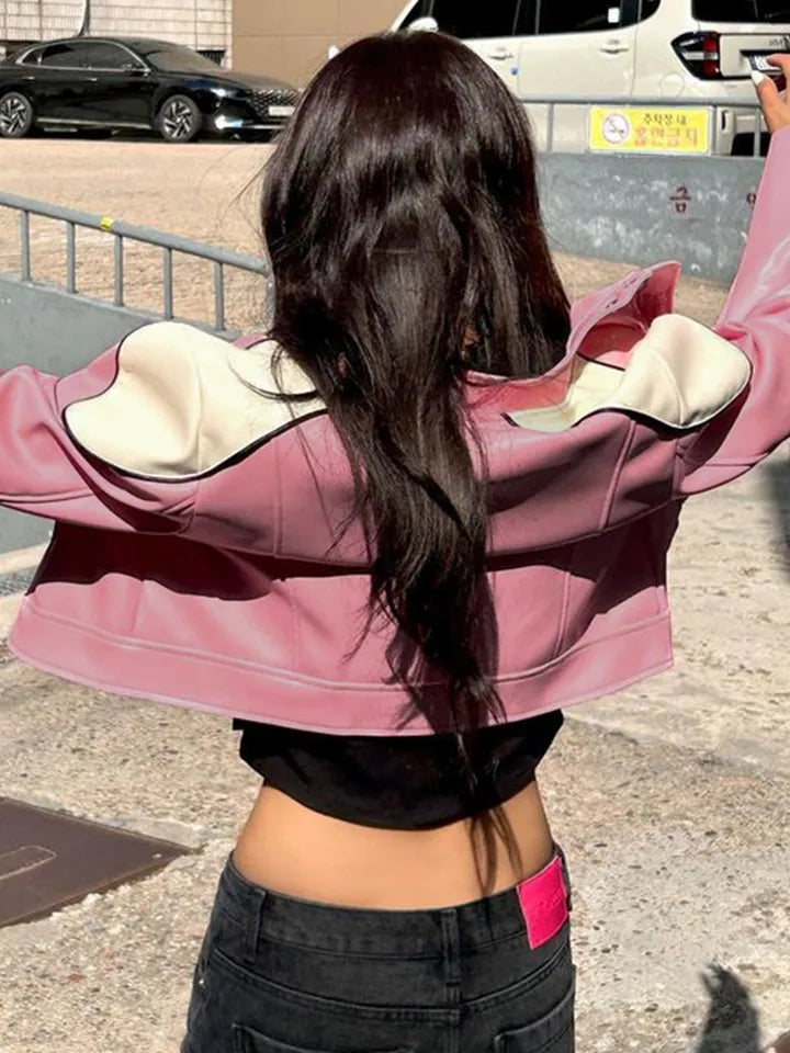 Pink PU Leather Retro Motorbike Jacket