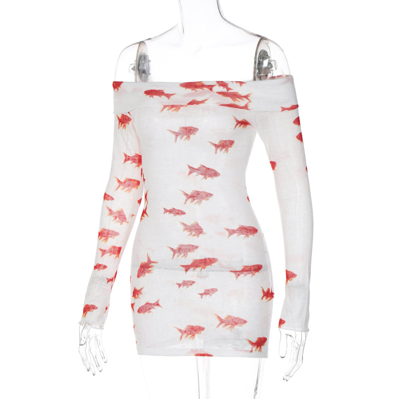 Goldfish Off Shoulder Long Sleeve Mini Dress