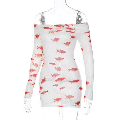 Goldfish Off Shoulder Long Sleeve Mini Dress