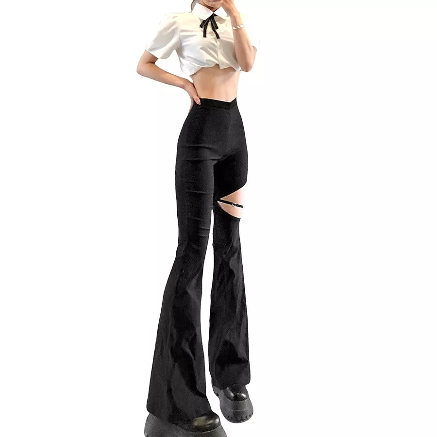 Cute Sexy Black High Waist Flare Trousers Cut Out Hollow Pants Summer Aesthetic Casual E-Girl Kawaii Korean Japanese Harajuku