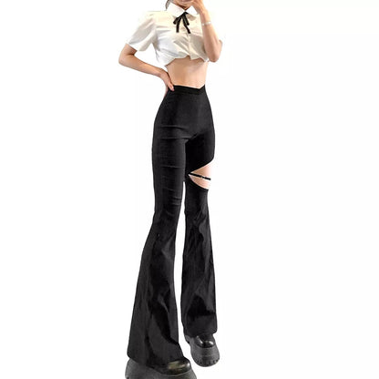 Cute Sexy Black High Waist Flare Trousers Cut Out Hollow Pants Summer Aesthetic Casual E-Girl Kawaii Korean Japanese Harajuku