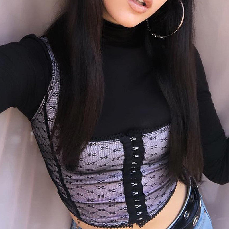 Sexy Lace Net Crop Top Tank Camisole Sleeveless Shirt Summer Causal E-Girl Kawaii Korean Japanese Harajuku Streetwear