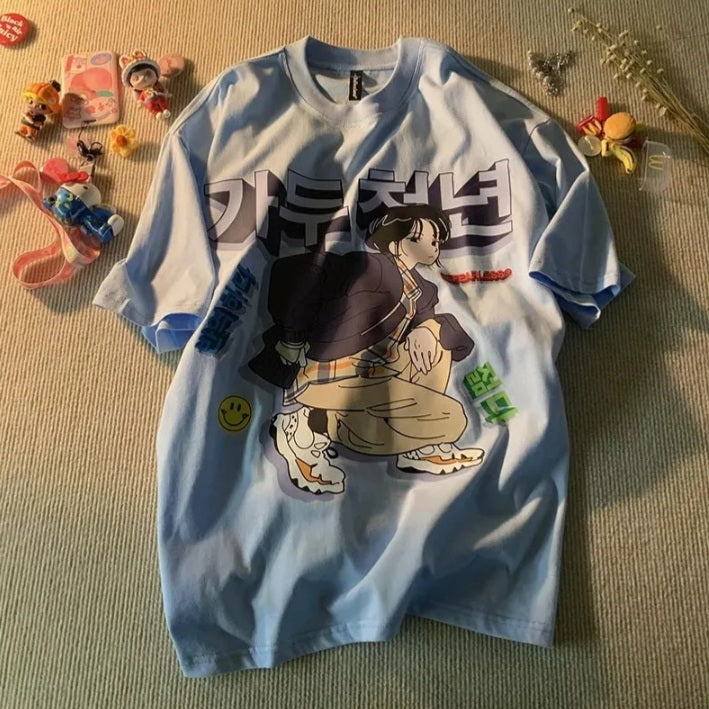 Cute White Anime Girl Cartoon Print Loose Short Sleeve Shirt Top Vintage Punk Aesthetic Casual Summer E-Girl Kawaii Korean Japanese Harajuku
