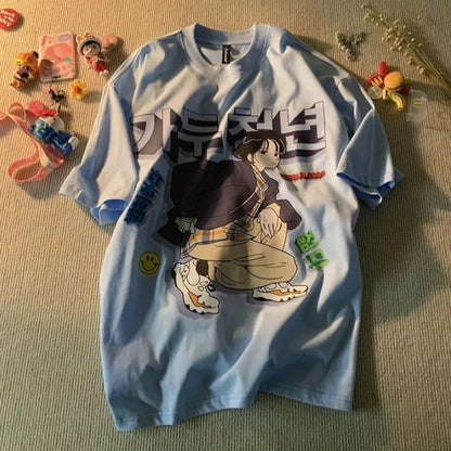Cute White Anime Girl Cartoon Print Loose Short Sleeve Shirt Top Vintage Punk Aesthetic Casual Summer E-Girl Kawaii Korean Japanese Harajuku