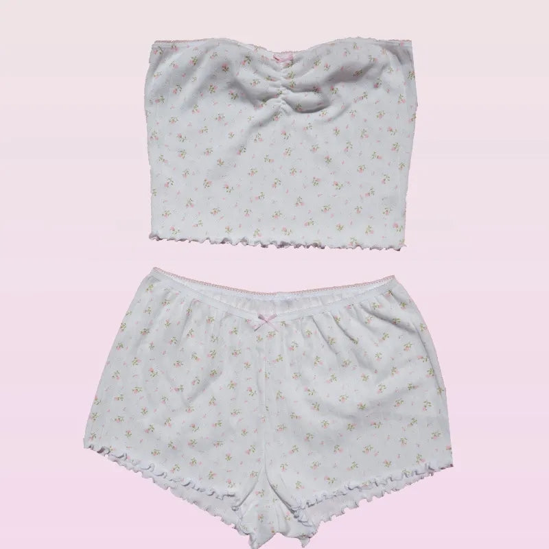 2PCS Pink Floral Print Frill Strapless Top + Shorts Set