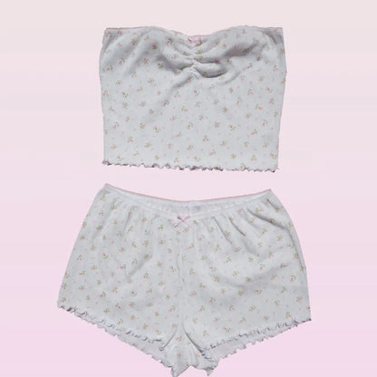 2PCS Pink Floral Print Frill Strapless Top + Shorts Set