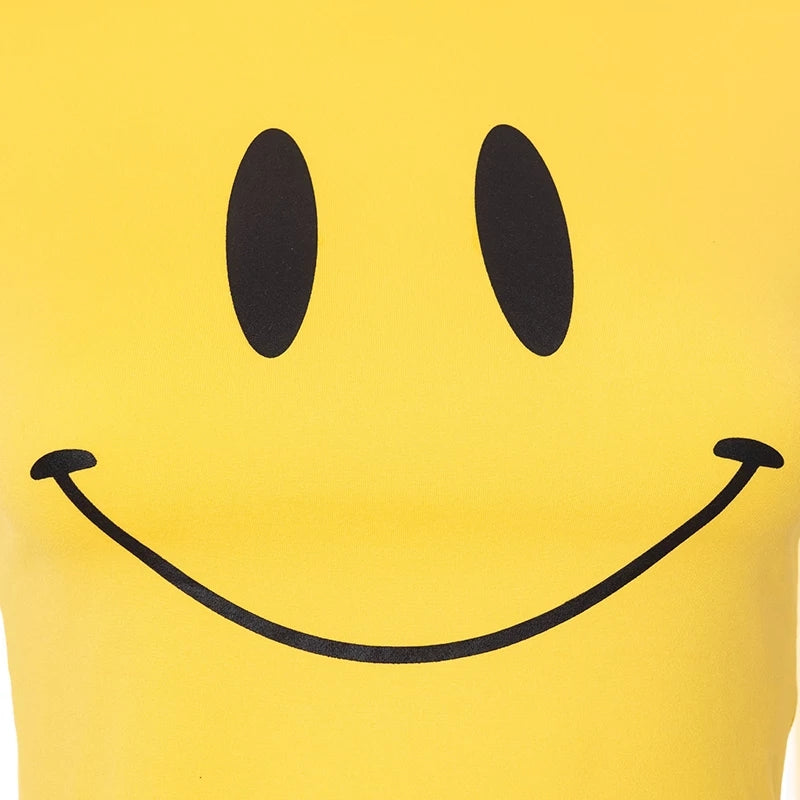 Cute Yellow Happy Smile Face Cartoon Print Short Sleeve Shirt Crop Top Summer Aesthetic Casual E-Girl Kawaii Korean Japanese Harajuku