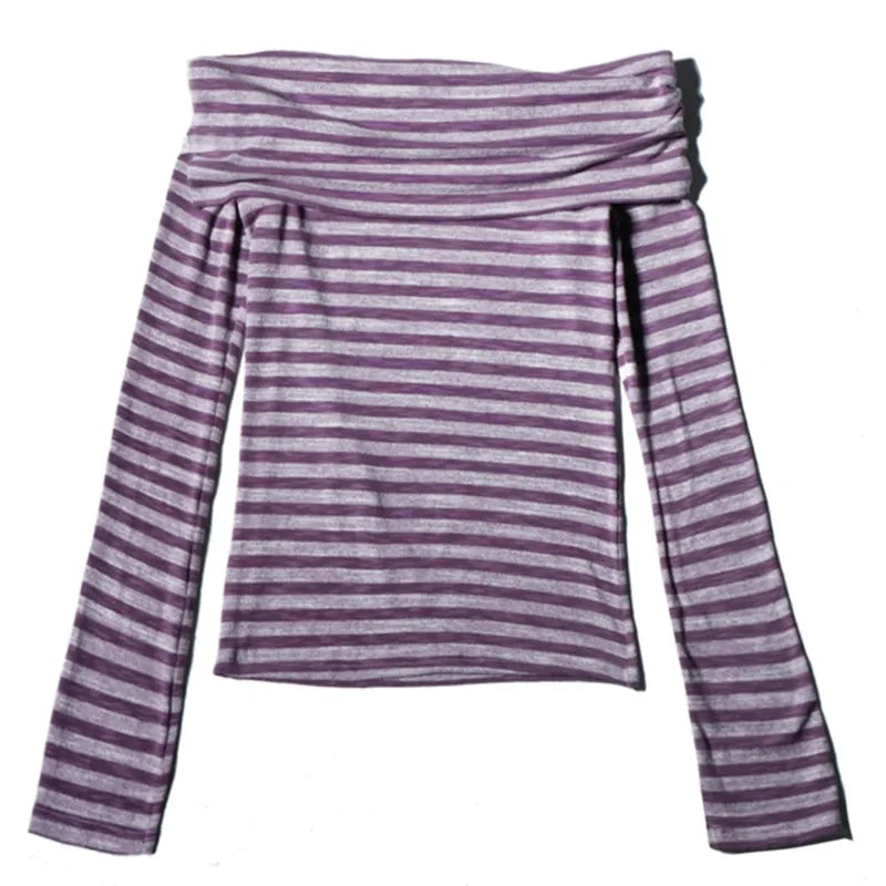 Purple Stripe Slash Neck Long Sleeve Shirt