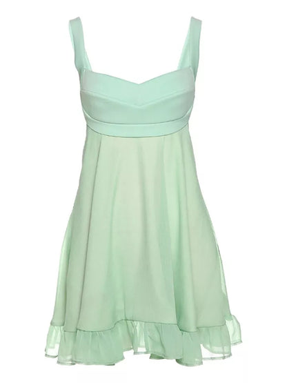 Green Backless Ruffle Dress Aesthetic Casual E-Girl Kawaii Korean Japanese Harajuku