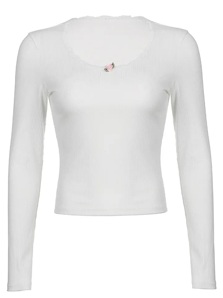 White Rose Ribbed Long Sleeve T-shirt