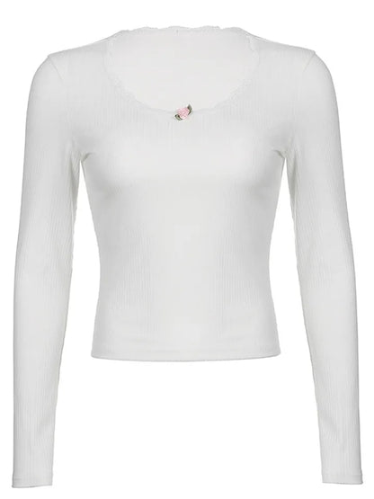 White Rose Ribbed Long Sleeve T-shirt