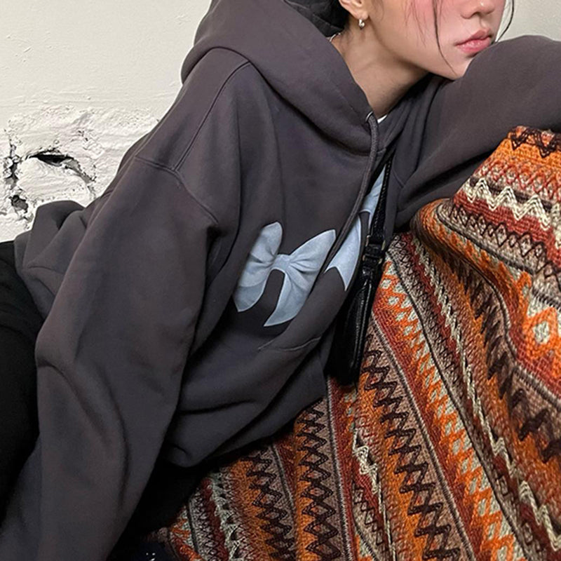 Bow Print Loose Hoodie