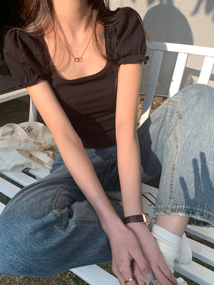 Black Puff Sleeve Square Collar Top